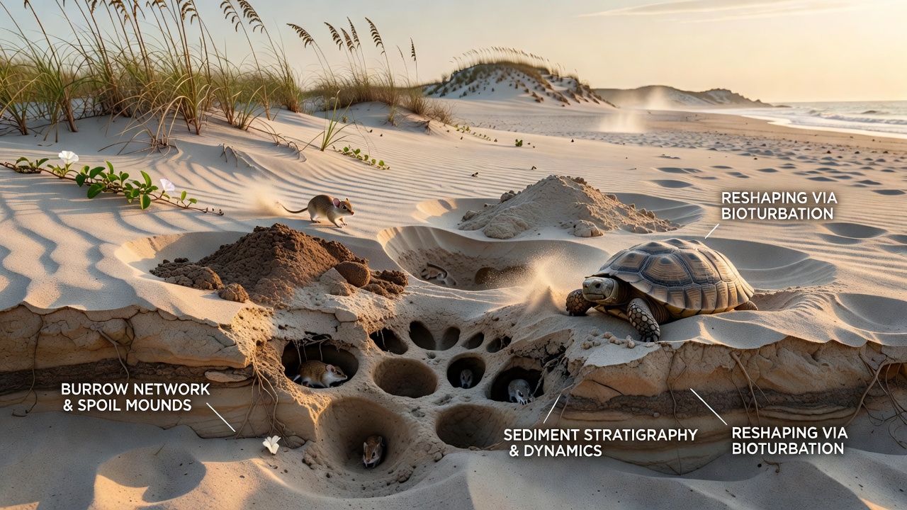 Detailed view of sediment layers exposed by wildlife burrows in a coastal dune environment