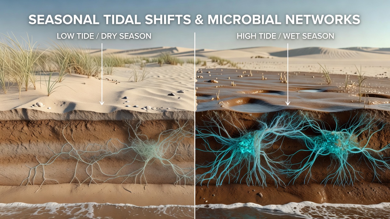 How Seasonal Tidal Shifts Affect Microbial Networks in Coastal Dune Soil Layers