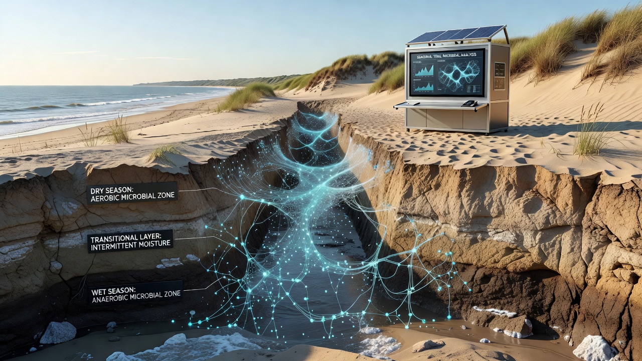 Microbial sampling equipment deployed across dune transects during tidal cycle studies