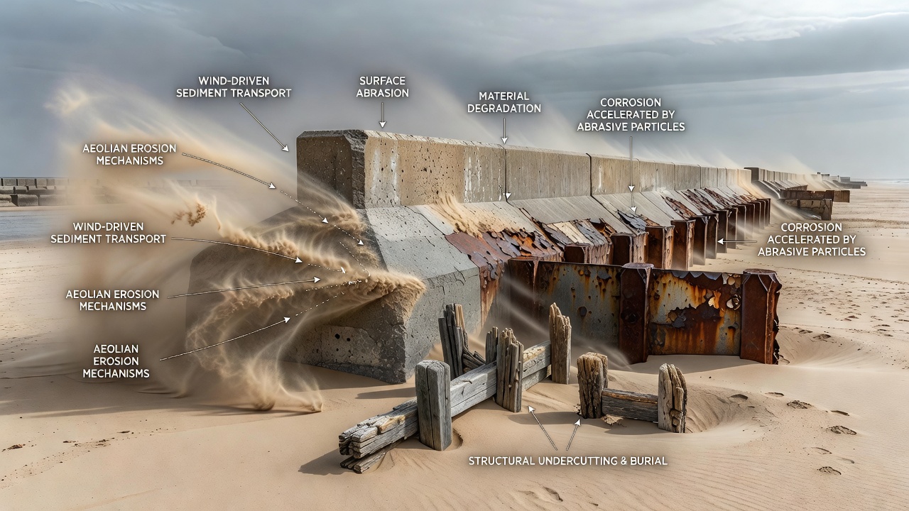 Sediment accumulation against a coastal seawall and nearby road infrastructure